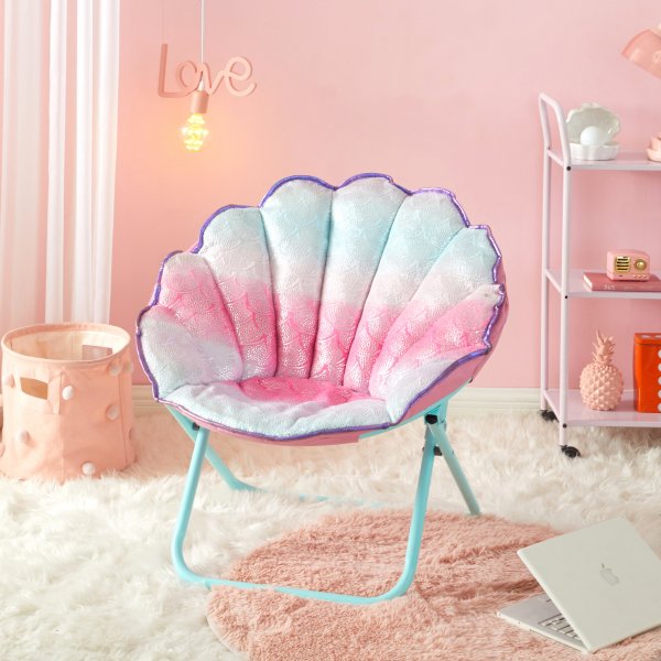 Little Fairy Shell Chair Faux Fur Scallop Saucer Chair with Holographic Trim Seashell Chair Bedroom Chair Live Lounge Chair